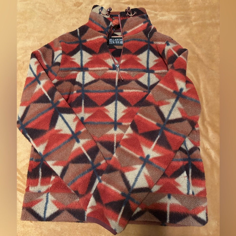 Billabong Women’s Zip Up Fleece Sweater - Red and Brown Geometric